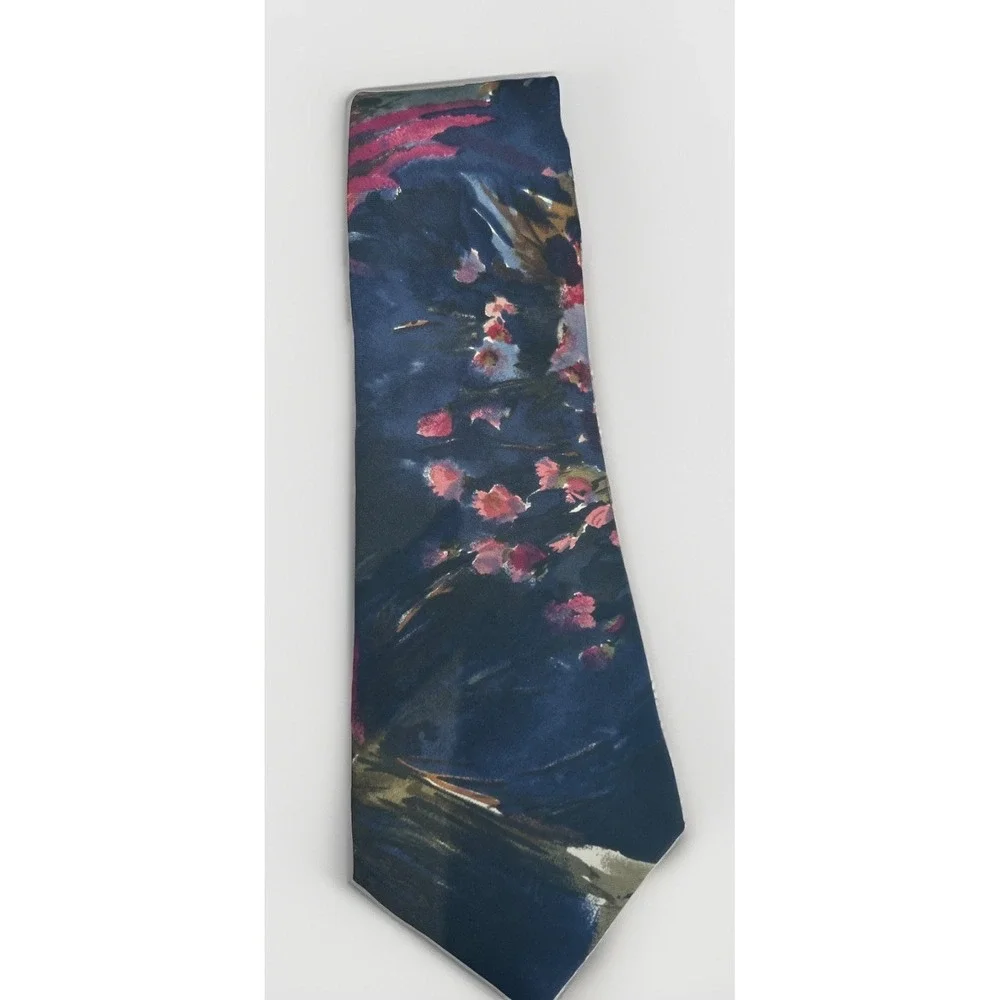 Vintage Navy Blue Italian Silk Tie L'Atelier Floral Abstract Made In USA